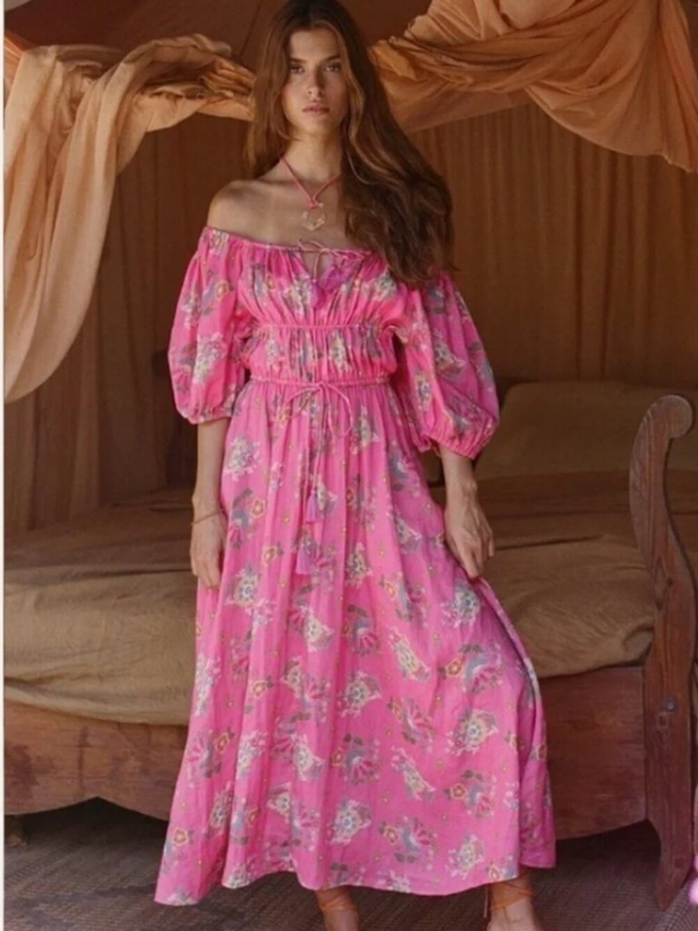 Spell Solstice Linen Midi Dress Pink Floral Off Shoulder Medium Boho